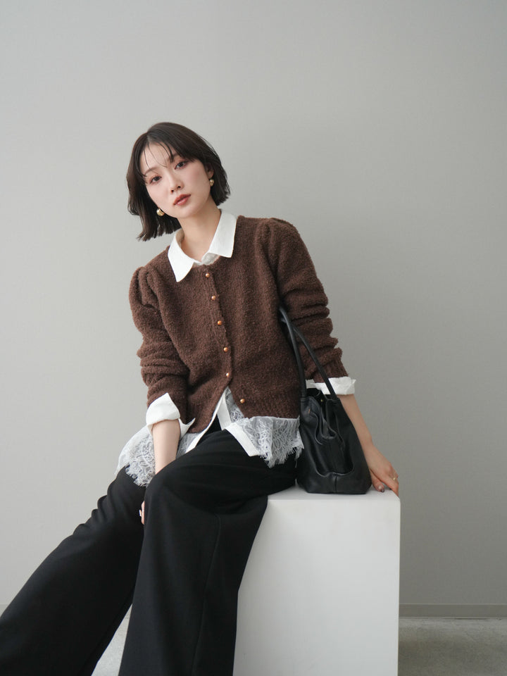 [SET]ゴールドボタンブークレニットカーディガン+総レースボリュームスリーブシャツ(2set)