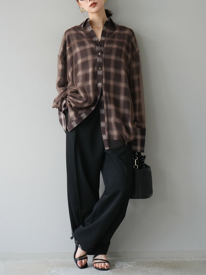 [予約]チュールドッキングチェック柄オーバーサイズシャツ/ブラウン