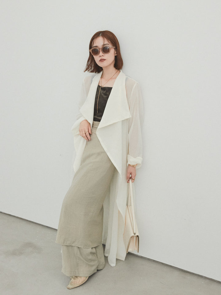 [SET] 方形天鵝絨背心 + 水洗緞層疊裙褲 + 透視長外套 (3 件套)