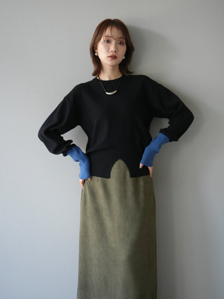 [予約]袖配色フロントスリットニットプルオーバー/ブラック