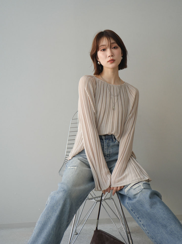 [SET]プリーツシアーフレアスリーブニットトップス+ダメージデニムセミワイドパンツ(2set)