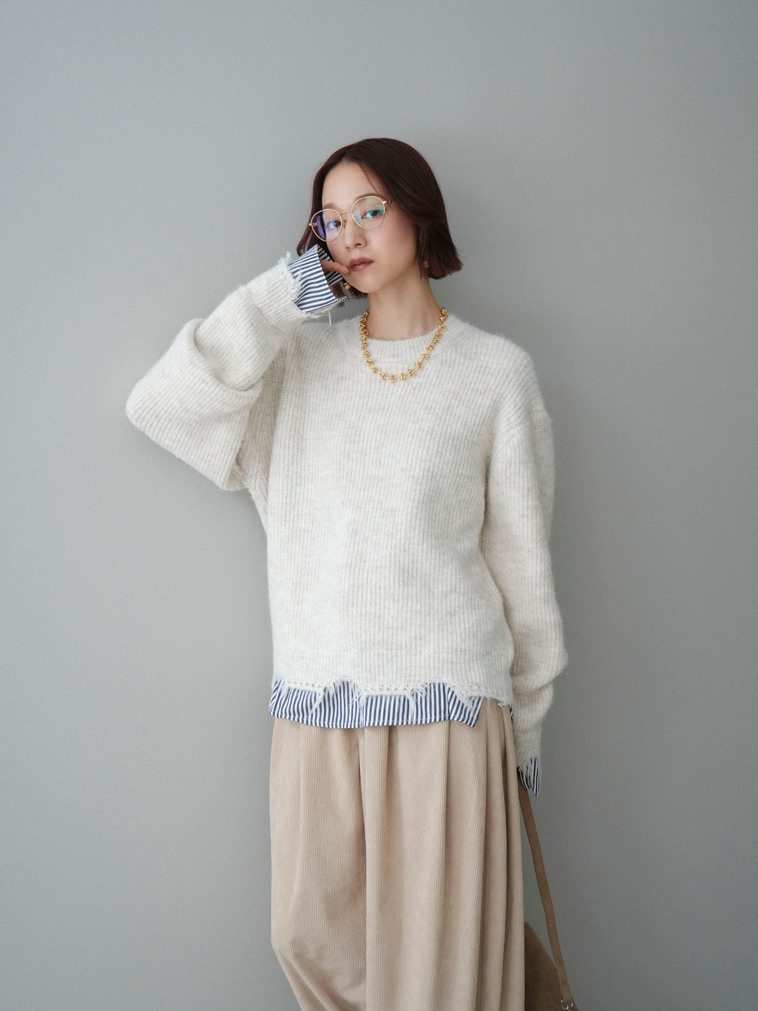 [SET]裾シャツレイヤードダメージニットプルオーバー+コーデュロイサイドタックコクーンパンツ(2set)