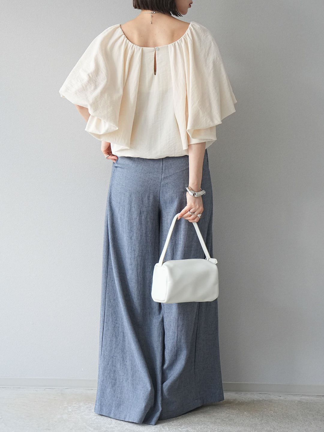 【預購】仿亞麻雙褶設計寬褲/藏青色