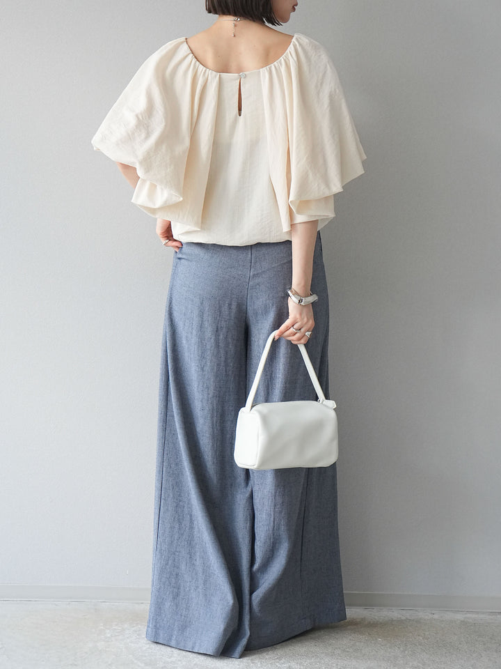 【預購】仿亞麻雙褶設計寬褲/藏青色