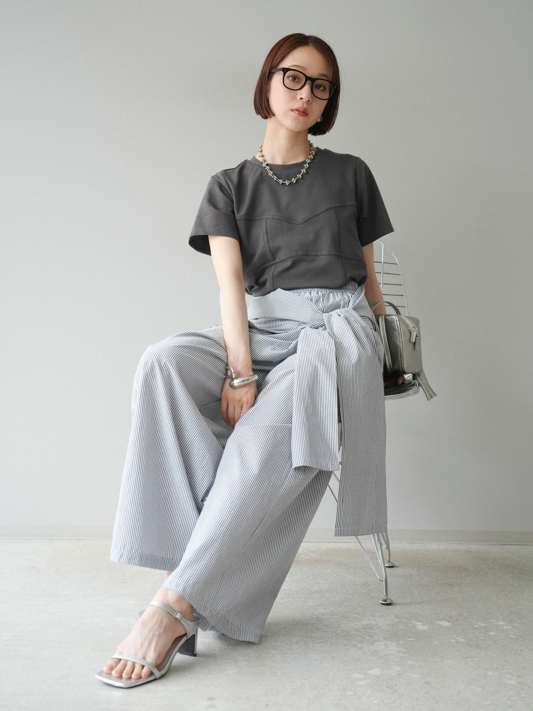 [SET]ビスチェデザインTシャツ+ウエスト巻きストライプイージーパンツ(2set)