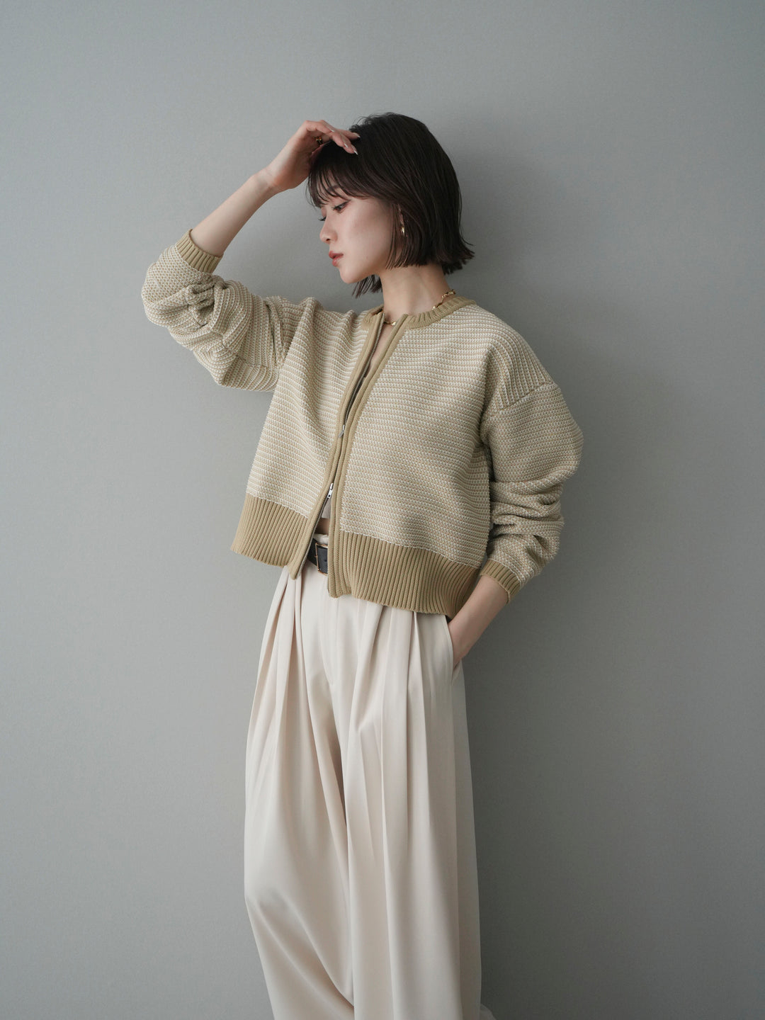 [予約]ボーダーダブルZIPカーディガン/beige