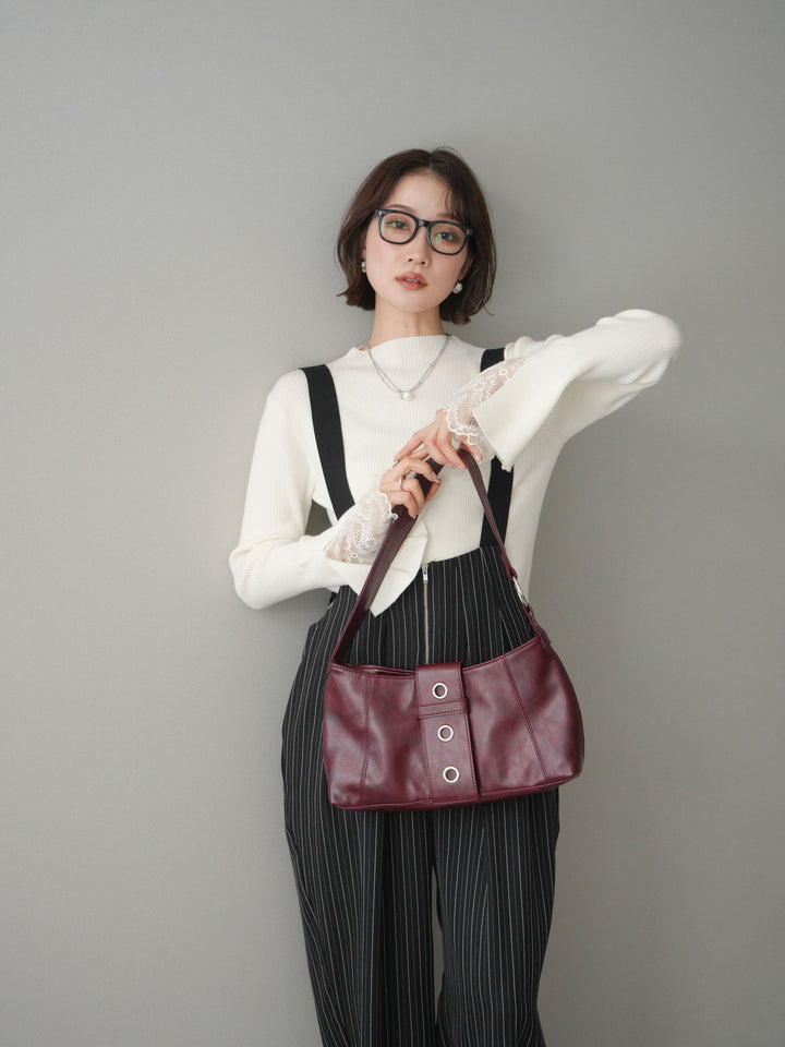 [SET]袖スカラップレースオフネックニットトップス+グログランテープストライプサロペット(2set)