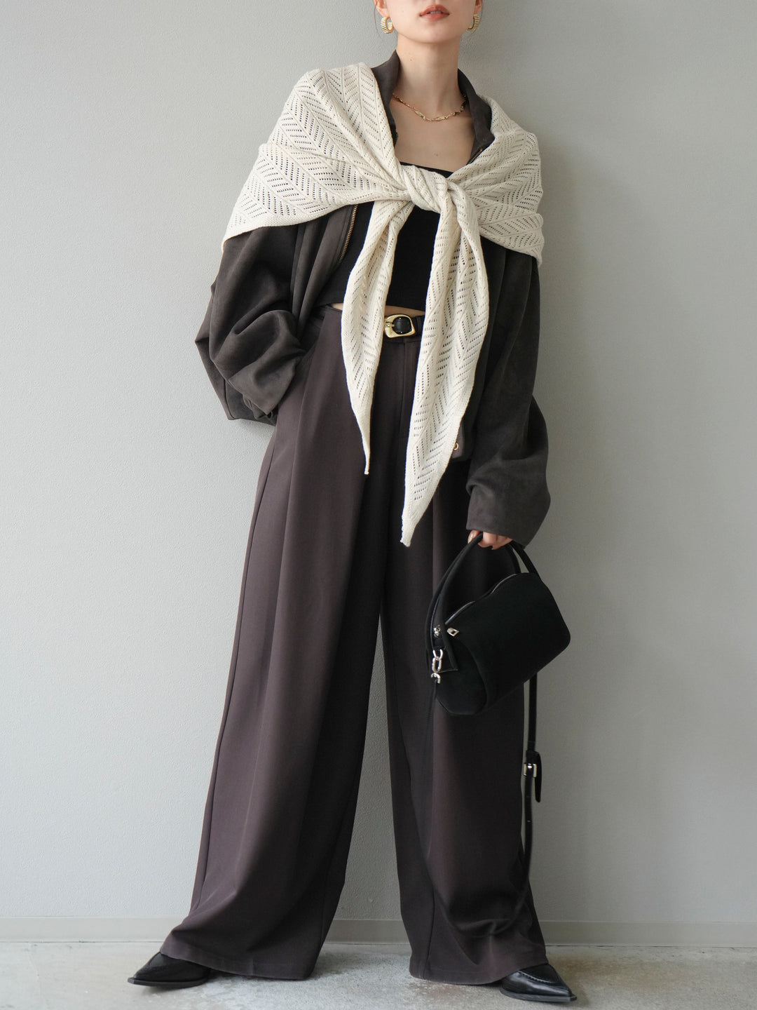 [SET] 麂皮外套+皮帶環設計寬褲（2套）