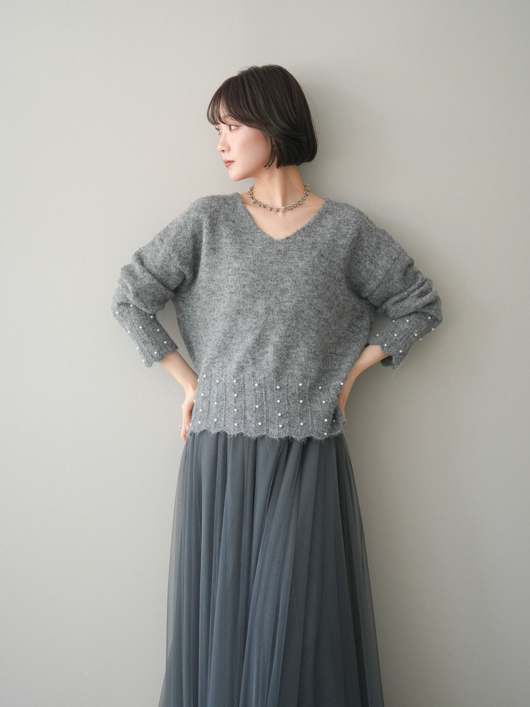 [SET]パールフリルリブヘムニットプルオーバー+チュールボリュームスカート(2set)