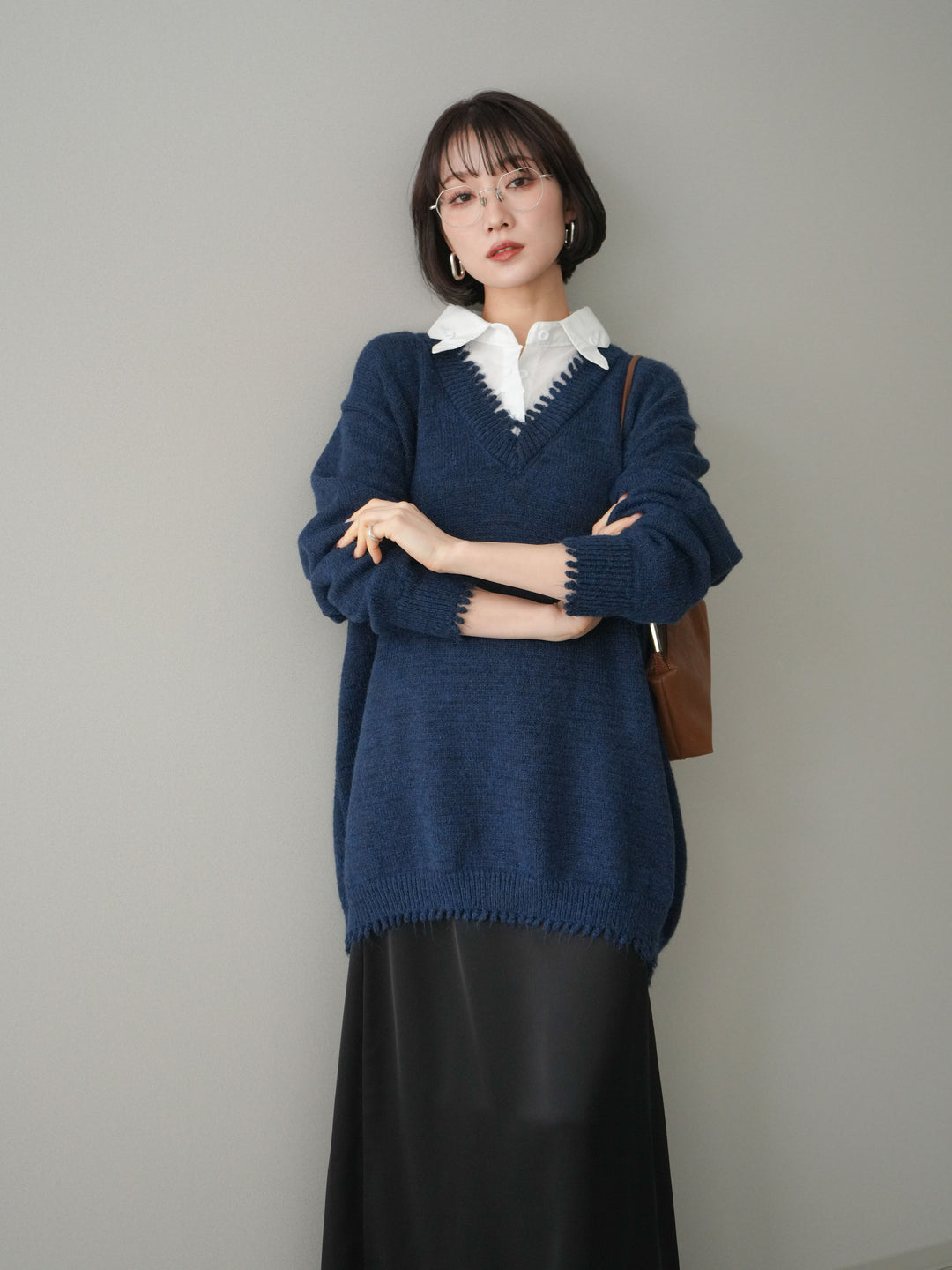 [予約]シャツドッキングVネックフリンジニットプルオーバー/navy