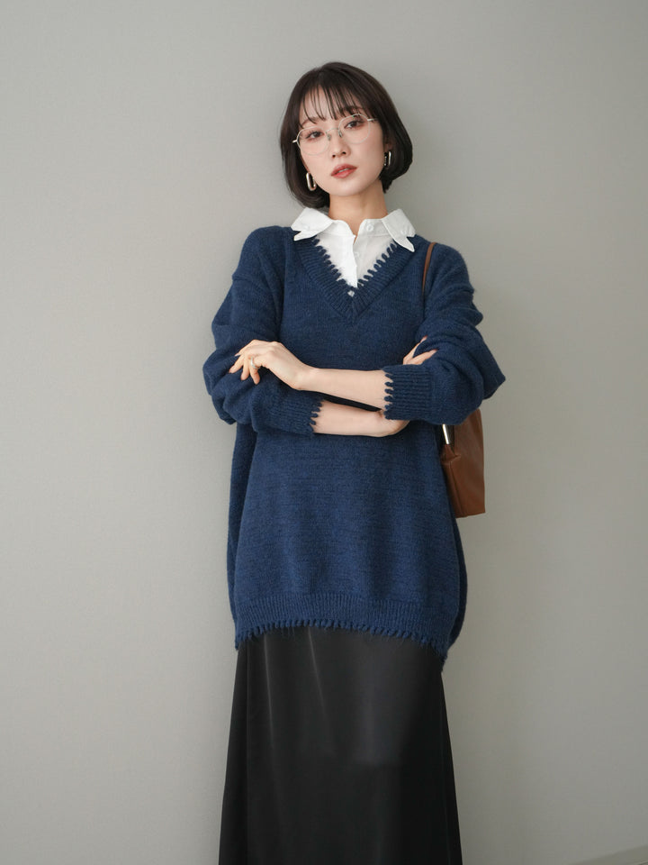 [予約]シャツドッキングVネックフリンジニットプルオーバー/navy