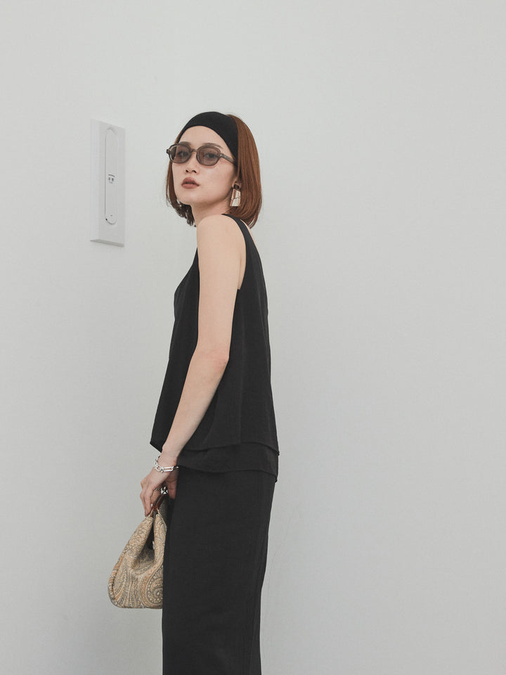 [SET] 洗衣機緞面透明層疊背心 + 洗衣機緞層疊裙褲 (2set)