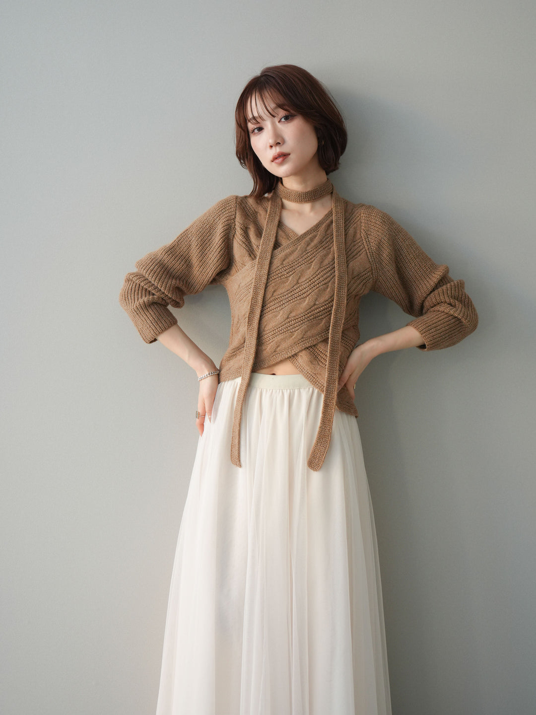 [SET]ケーブル編みクロスニットトップス+チュールボリュームスカート(2set)