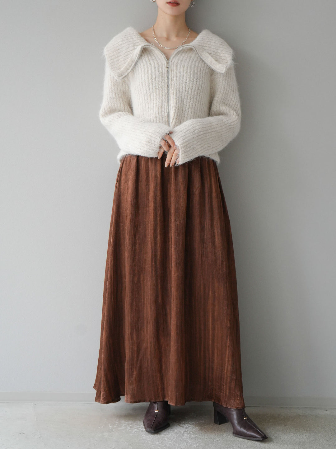 [予約]BIG襟ジップニットカーディガン/アイボリー