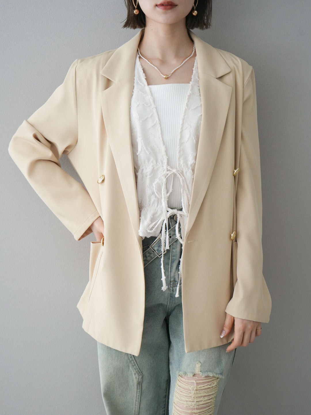 [予約]シアージャガードシャーリングブラウス/アイボリー