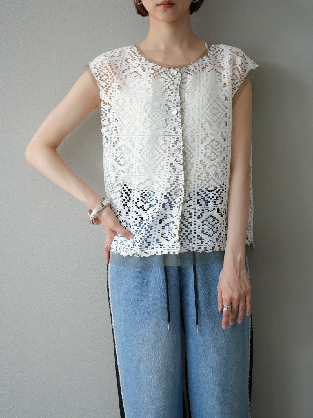 [予約]ブロックレースベスト/オフホワイト