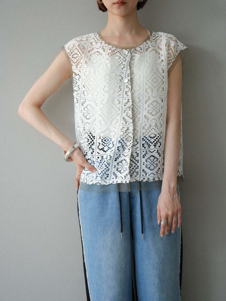 [予約]ブロックレースベスト/オフホワイト