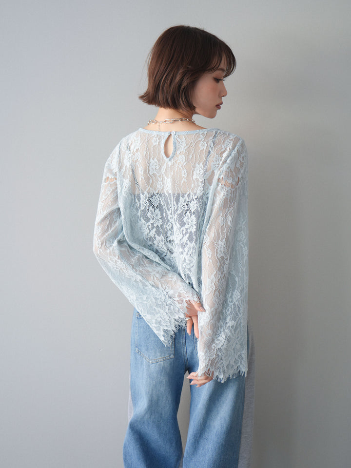 [SET]2WAYスリーブレーストップス+デニム切替スウェットパンツ(2set)