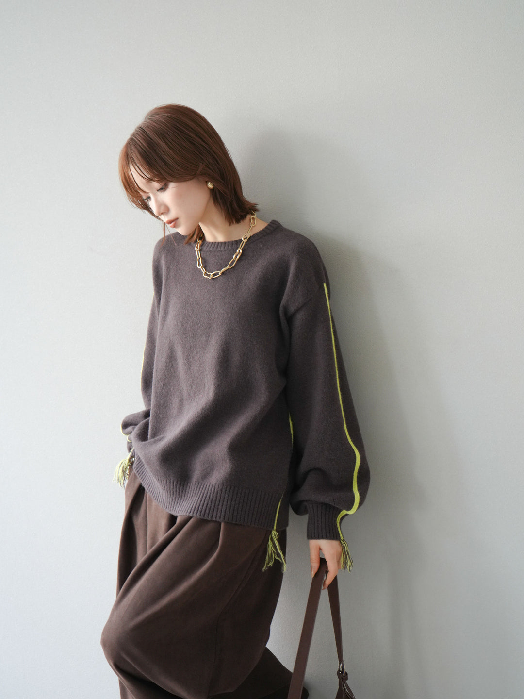 [SET]配色ステッチフリンジニットプルオーバー +スウェードタックワイドパンツ(2set)