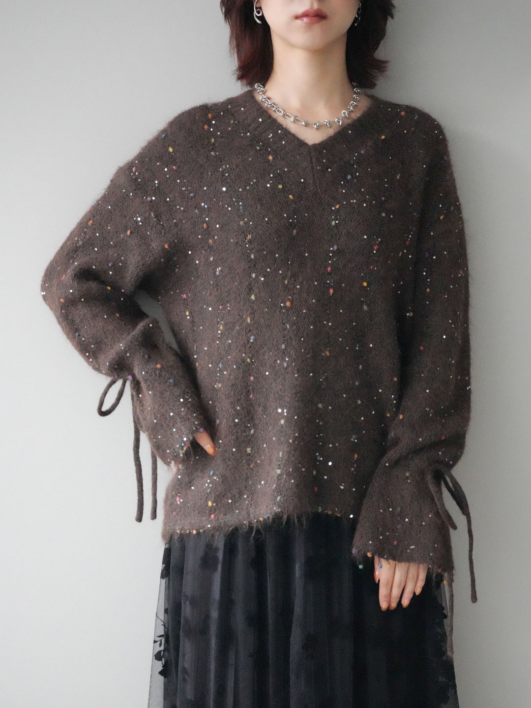 [SET]キャンディースリーブカラーネップスパンコールニットプルオーバー+フラワーフロッキーチュールプリーツスカート(2set)