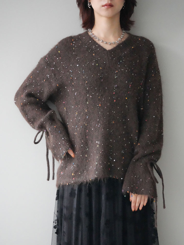 [SET]キャンディースリーブカラーネップスパンコールニットプルオーバー+フラワーフロッキーチュールプリーツスカート(2set)