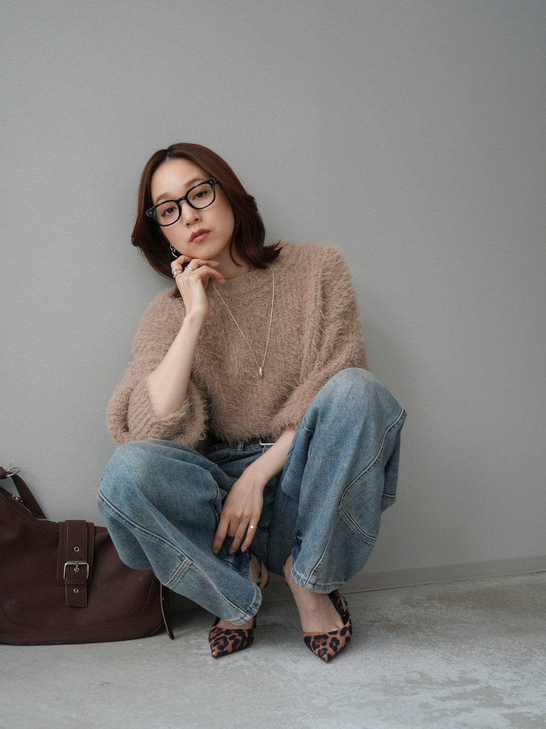 [SET]ボリュームスリーブシャギー MIXニットプルオーバー+ベルト付カーブデニムパンツ(2set)