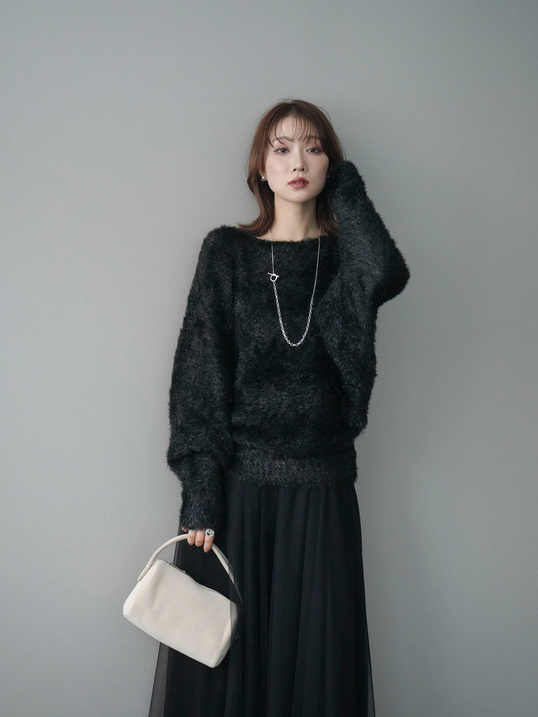 [予約]ラメシャギードルマンニットプルオーバー/black