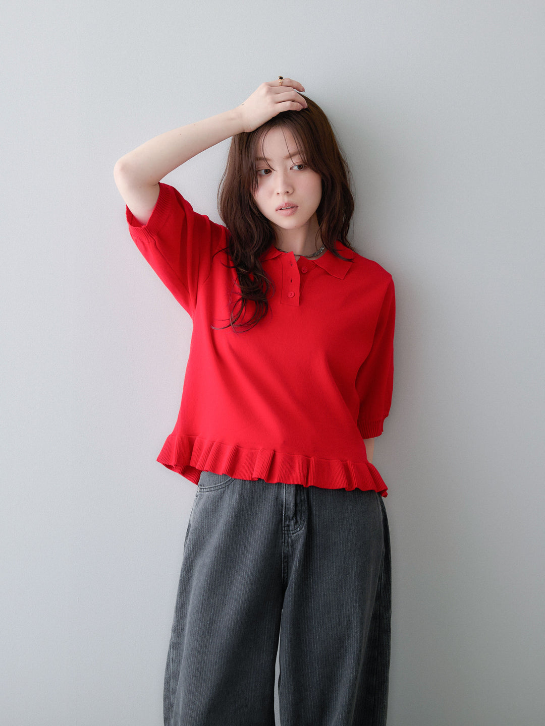 [予約]クールタッチポロフリルニットプルオーバー/red