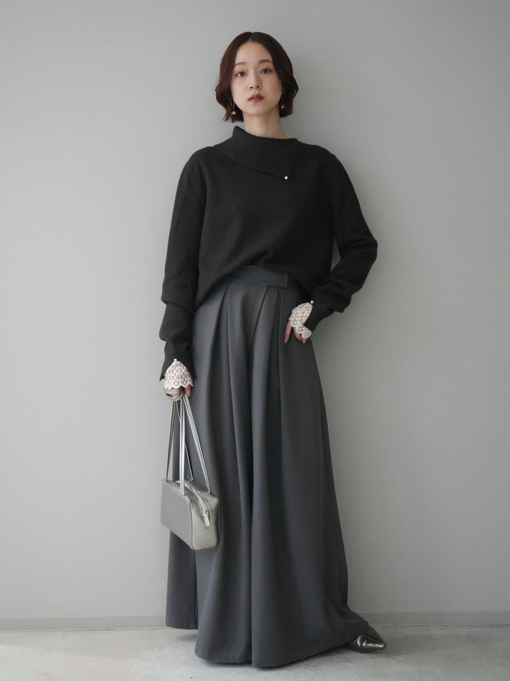 [SET]袖レースパール付き配色ニットトップス+テープベルトタックバギーパンツ(2set)