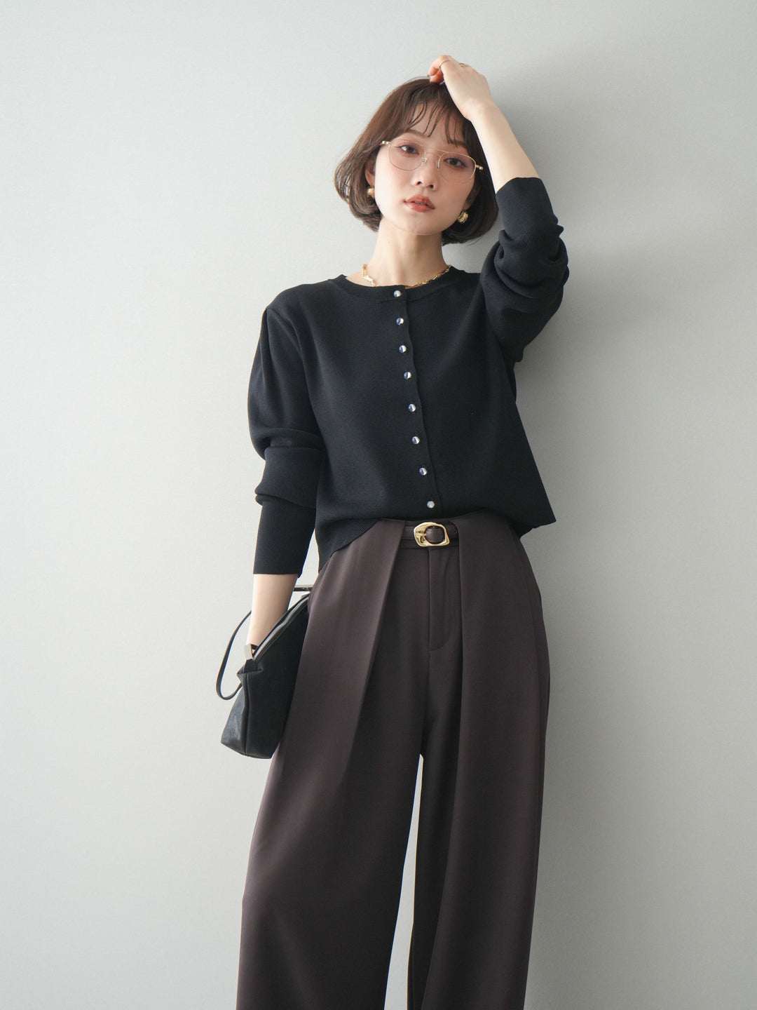 [予約]クリアボタンタックニットカーディガン/black