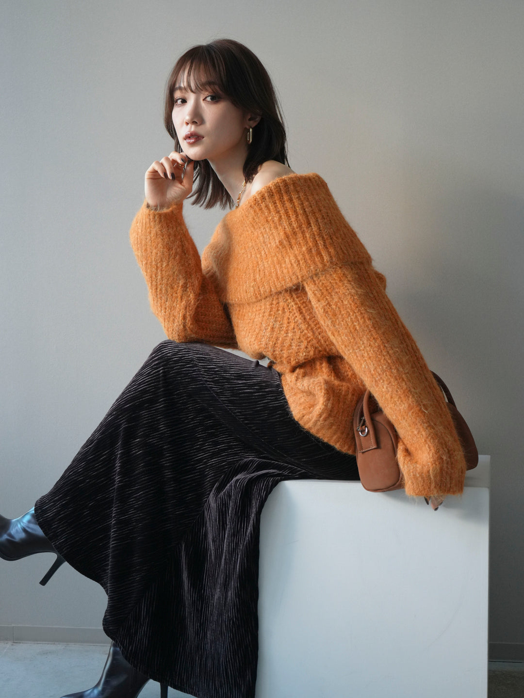 [予約]オフショルミックスニットプルオーバー/orange