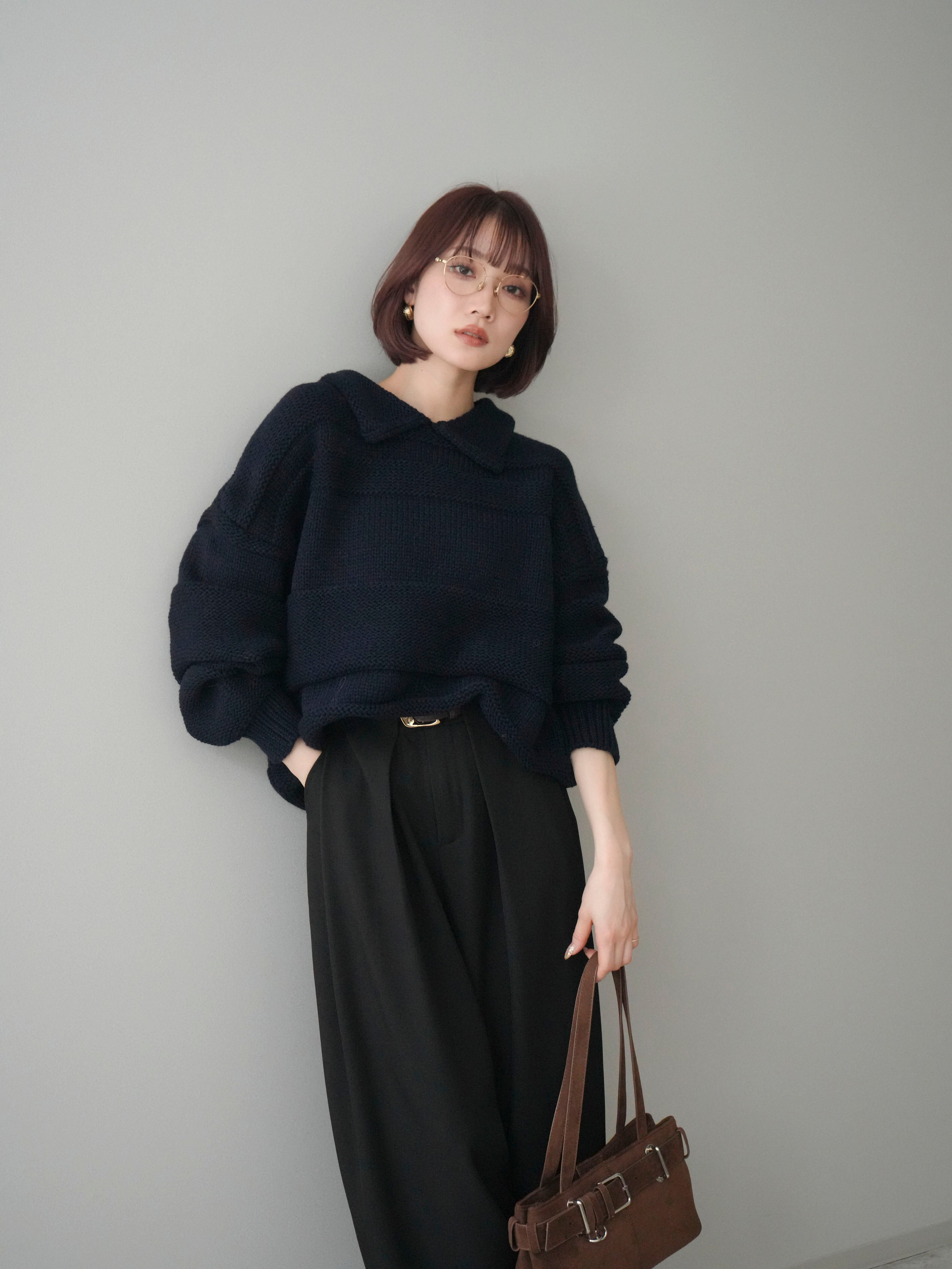 予約]襟付きボーダー編みニットプルオーバー/navy – Lumier