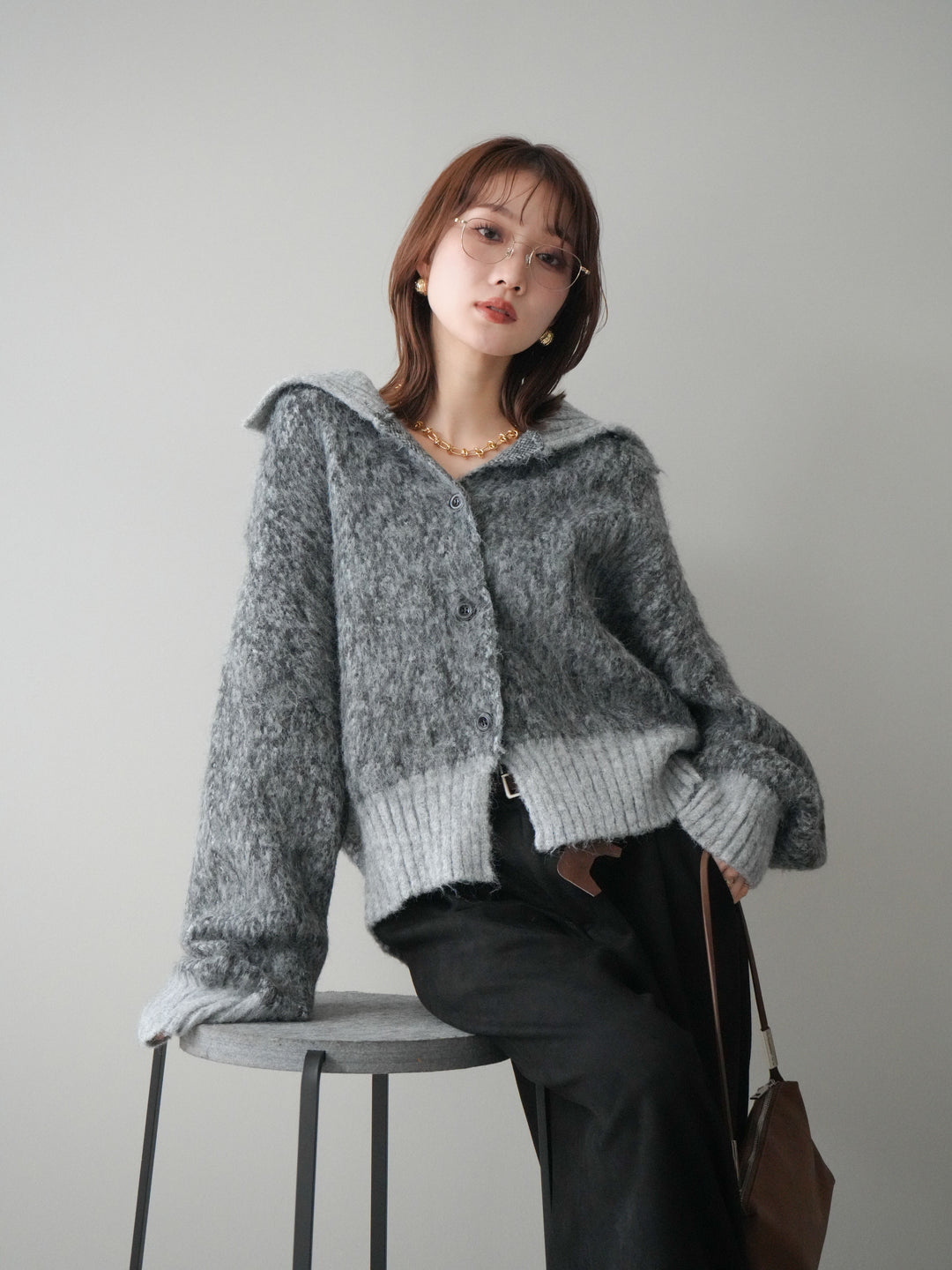 [予約]リブ切替メランジニットカーディガン/charcoal