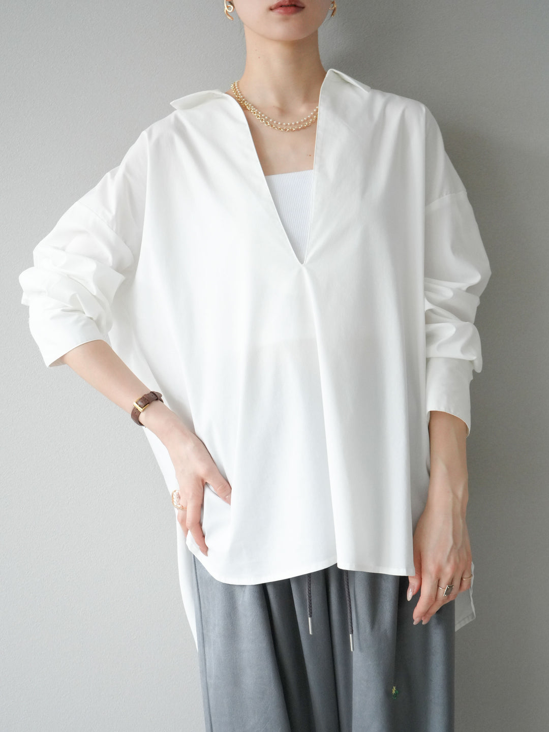 [予約]ブロードディープスキッパーブラウス/ホワイト