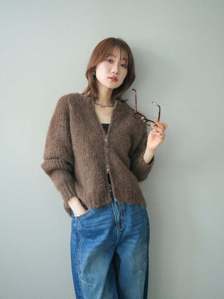 [予約]MIXヤーンモヘアタッチZIPニットカーディガン/brown