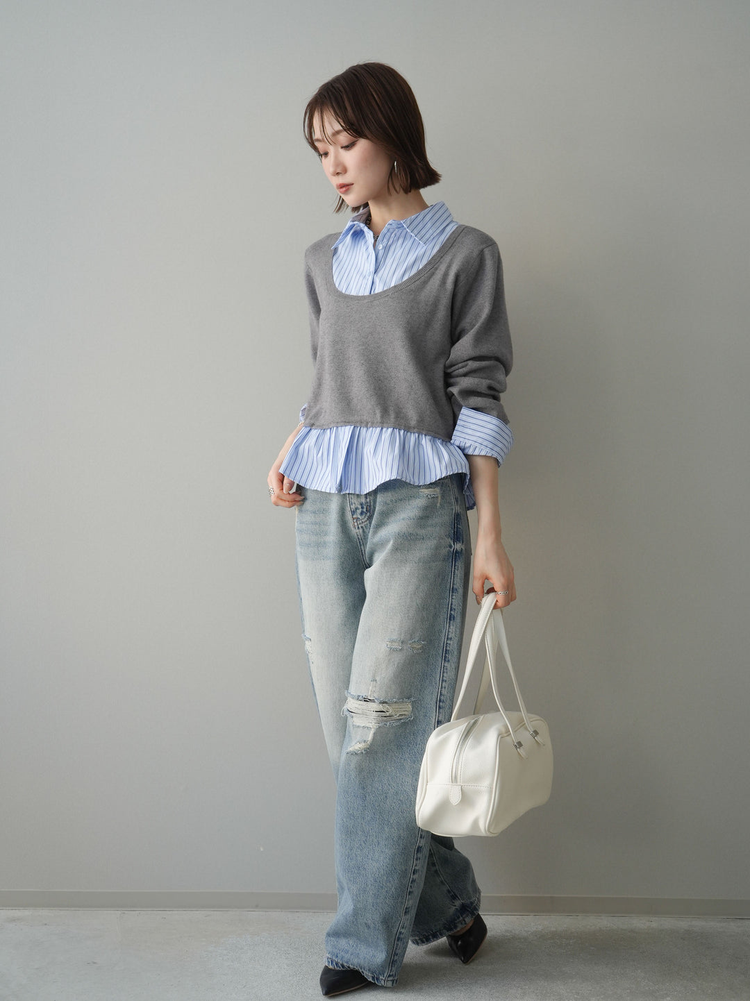 [SET]ストライプシャツUネックドッキングニットプルオーバー+ダメージデニムセミワイドパンツ(2set)