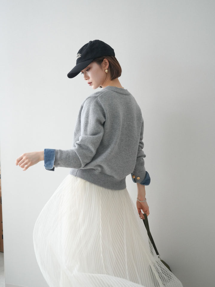 [SET]クルーネックデニムドッキングニットカーディガン+選べるアクセセット(2set)