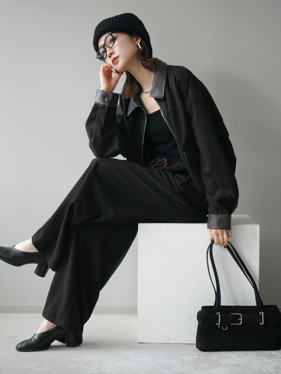 [予約]レザー襟配色パイピングブルゾン/black