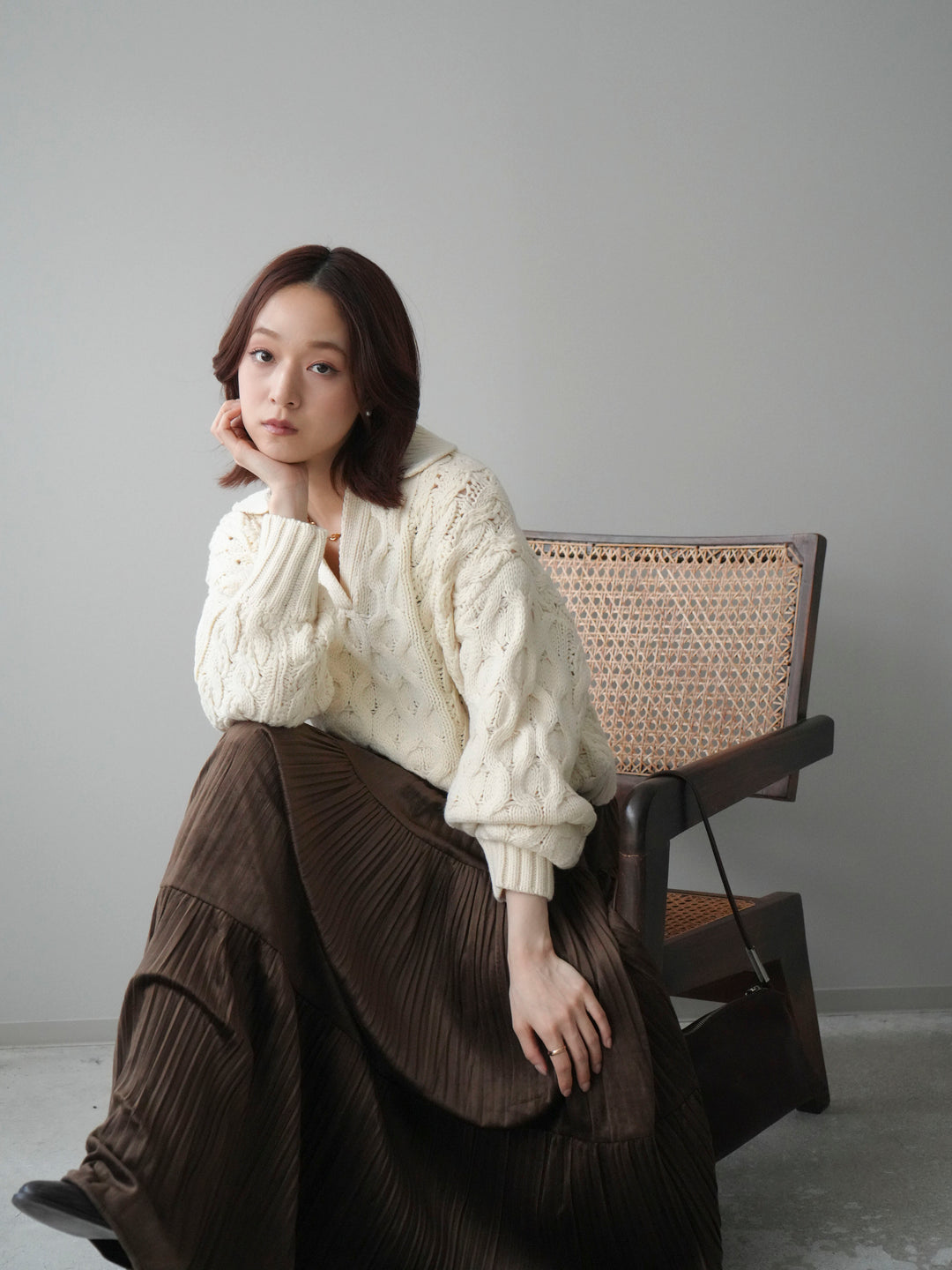 [SET]バルキーケーブルクロップド開襟プルオーバー+ベロアティアードワッシャースカート(2set)