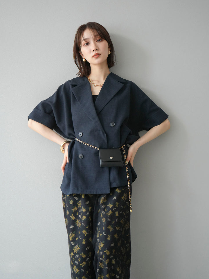 [SET]リネンライクハーフテーラードジャケット+コード刺繍チュールレイヤードパンツ(2set)