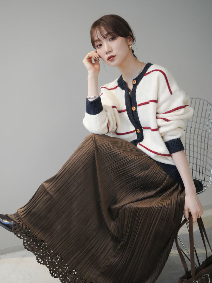 [予約]配色ボーダーニットカーディガン/red