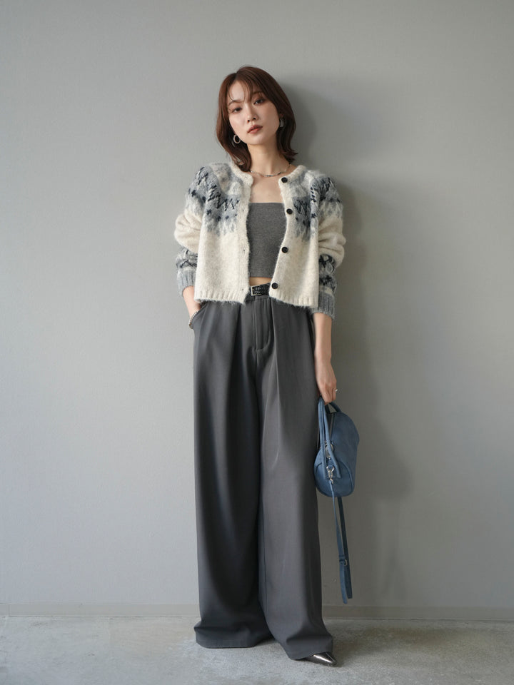 【着回しセット】[SET]求心柄クロップドニットカーディガン+異素材ミックスヤーンニットプルオーバー+ベルトループデザインワイドパンツ(3set)