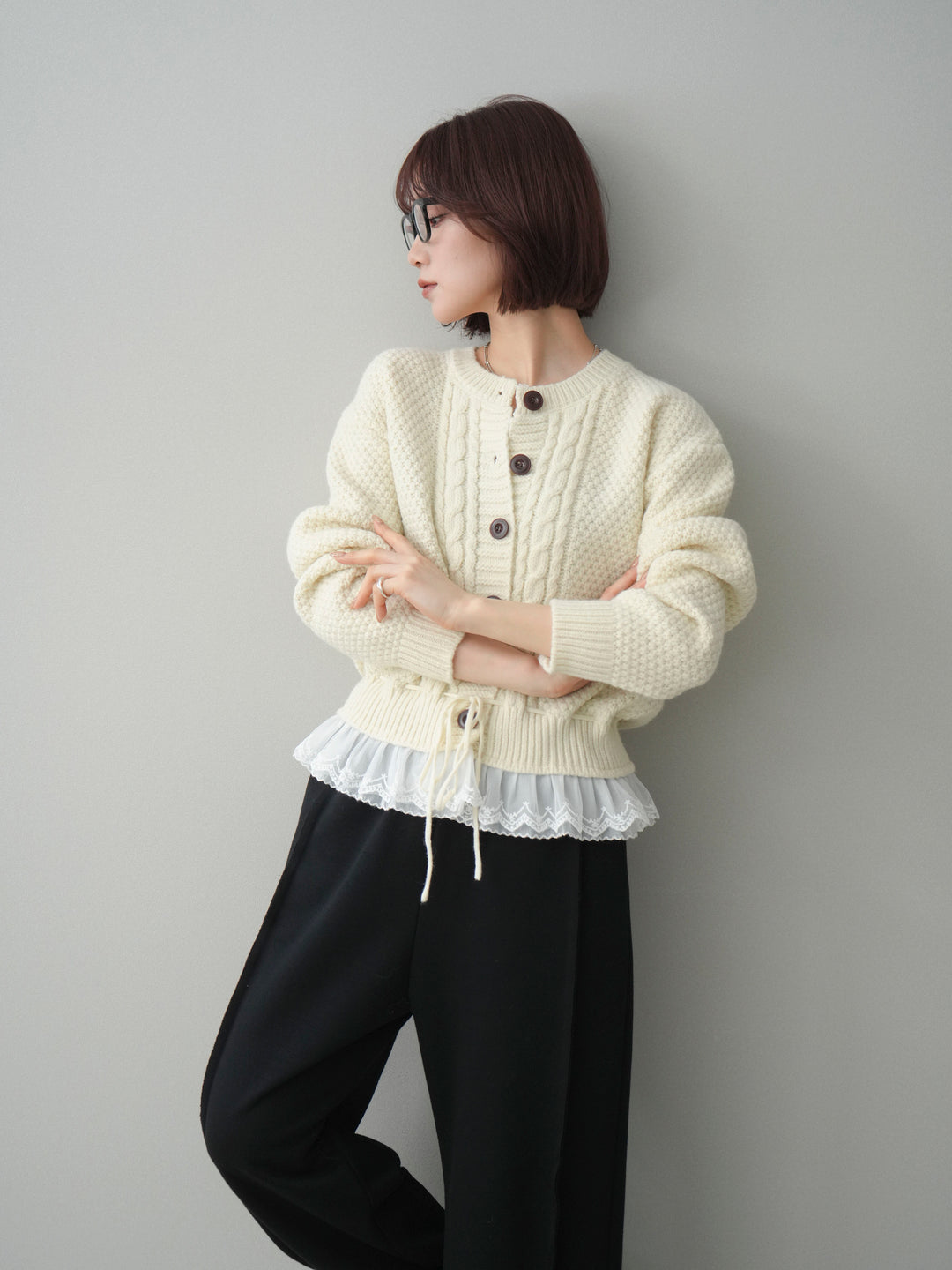 [SET]裾レースケーブルニットカーディガン+2WAYデザインスウェットパンツ(2set)