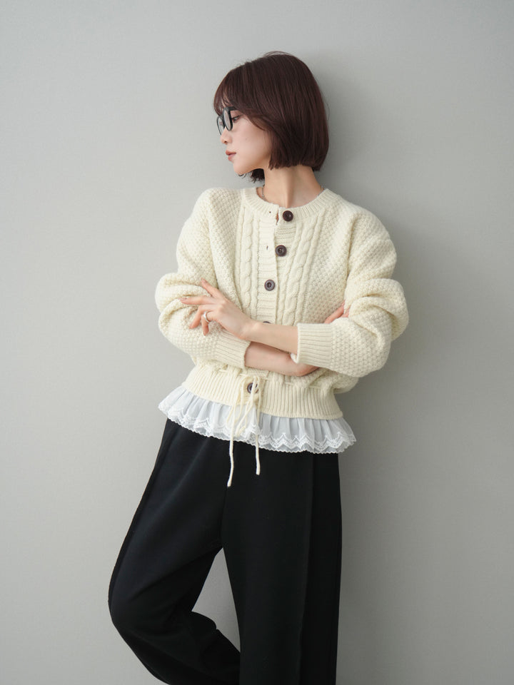 [SET]裾レースケーブルニットカーディガン+2WAYデザインスウェットパンツ(2set)