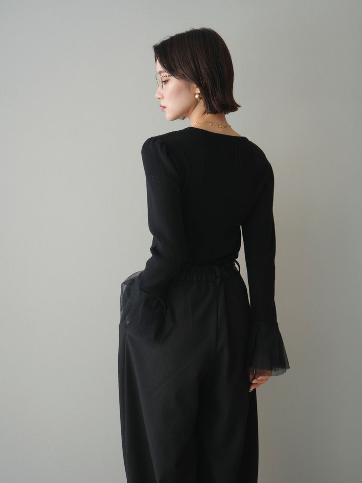 [SET]袖チュールパワショルリブニットトップス+袖チュールパワショルリブニットトップス(2set)