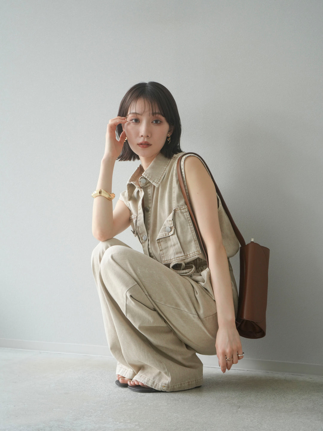 [予約]ポケットデザインデニムオールインワン/キャメル