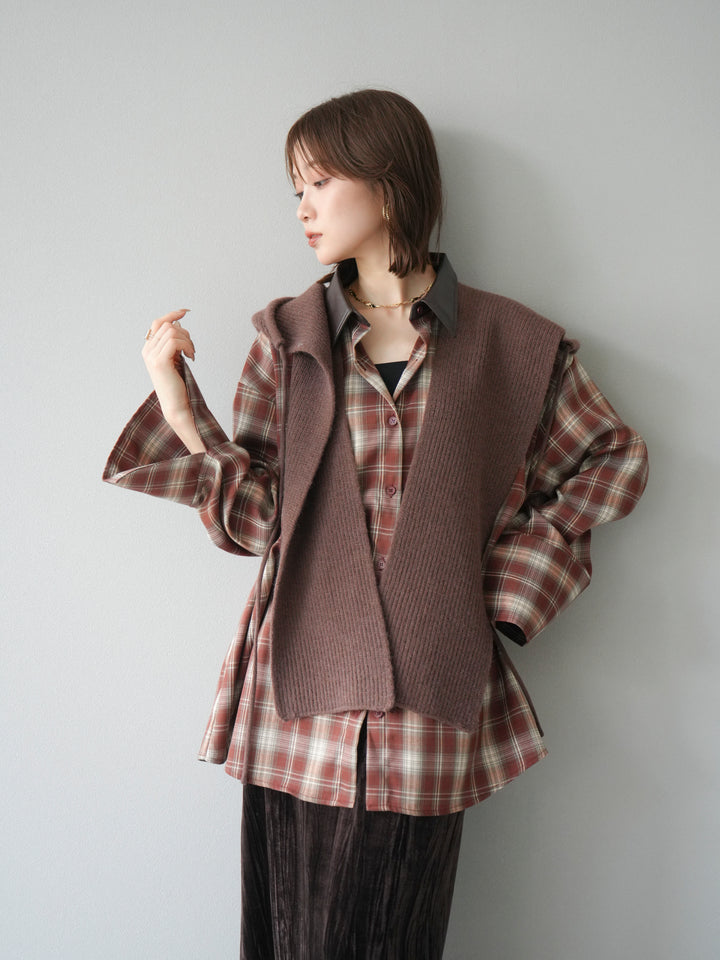 [SET]レザー襟オンブレチェックオーバーシャツ +クラッシュベロアナロースカート(2set)