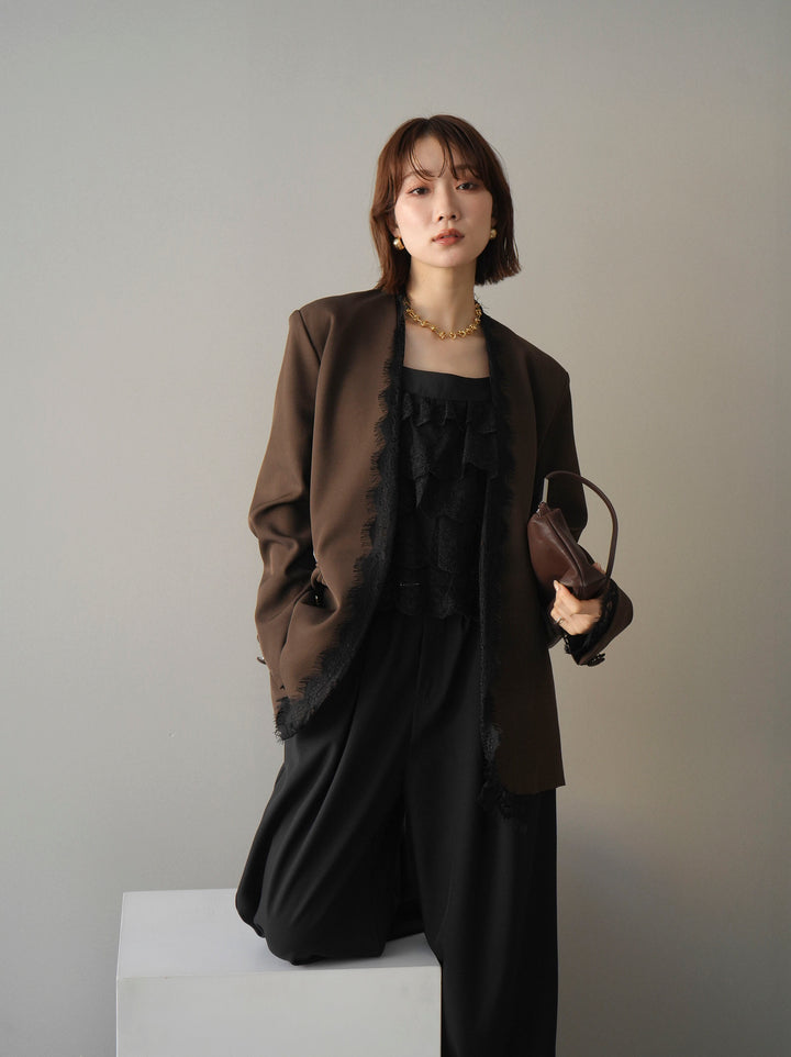 [SET]ノーカラーレースジャケット+スカラップレースフリルキャミソール(2set)