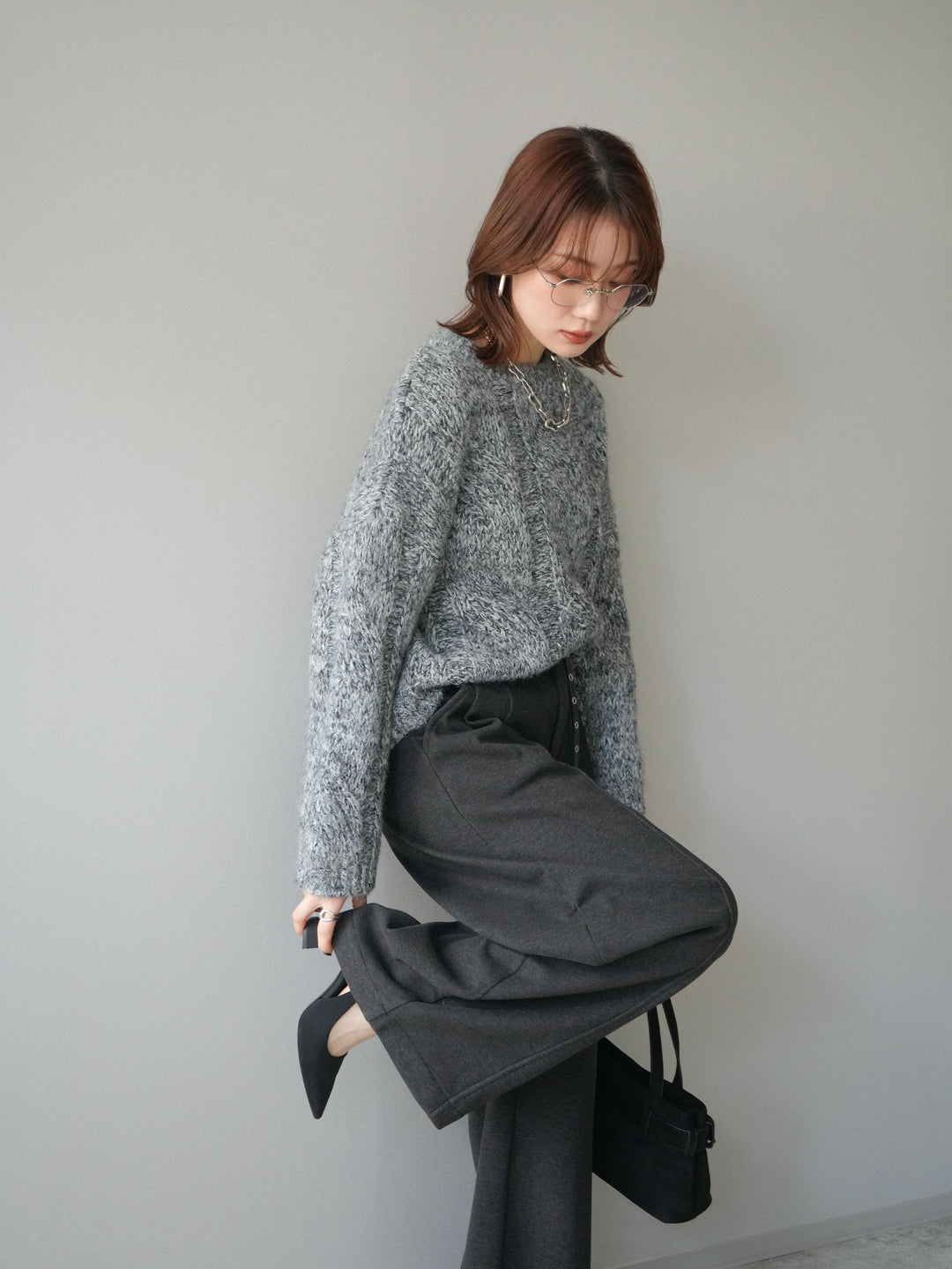 [予約]ワイドケーブルミックスニットプルオーバー/gray