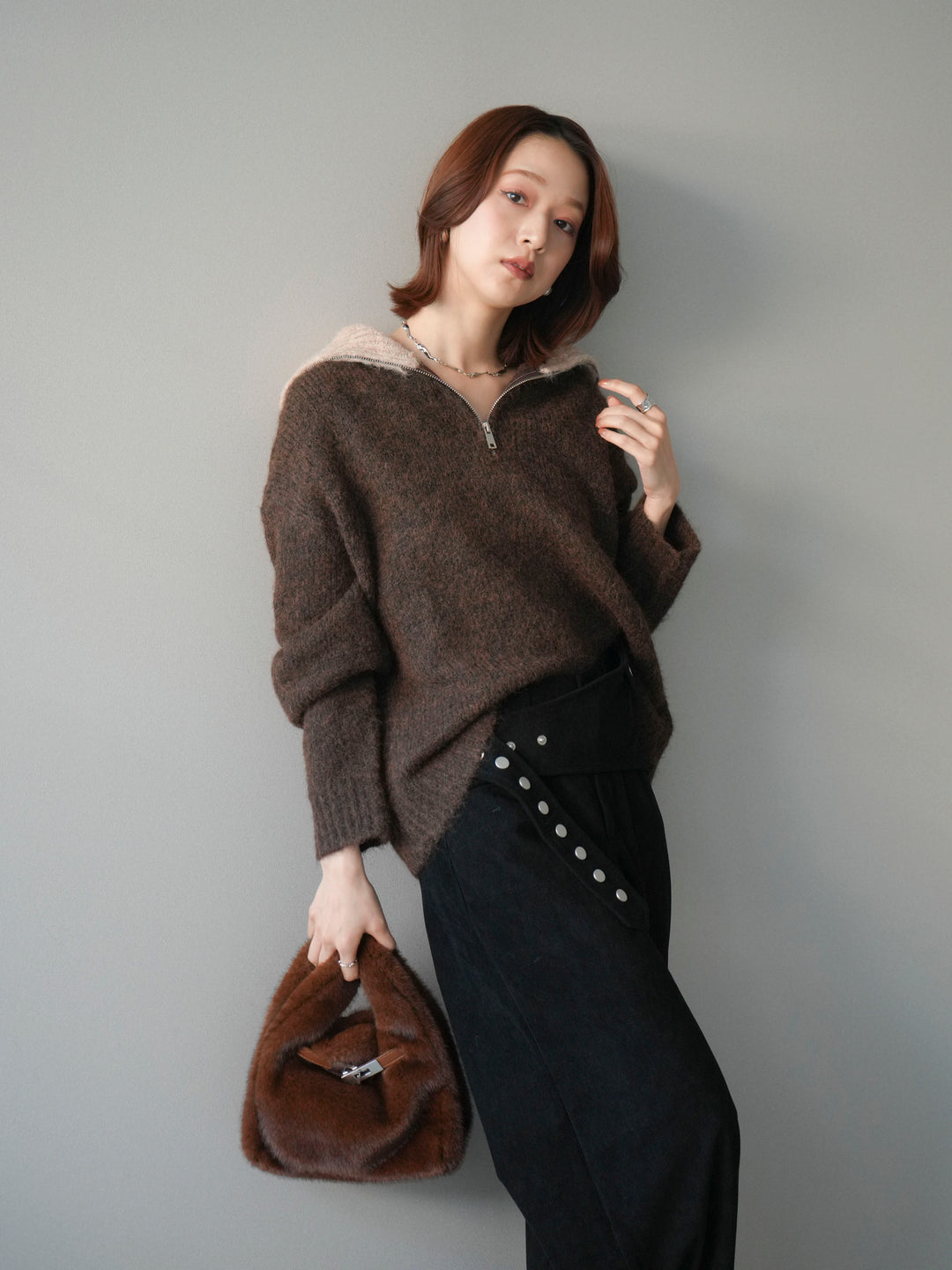 [予約]バイカラージップニットプルオーバー/brown